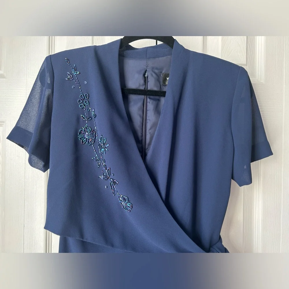 NWT vintage navy blue floral beaded maxi wrap dress - 6 petite